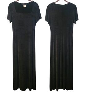 Women's 10 Vintage Black Geometric Floral Maxi Dress Slinky Stretchy Flattering